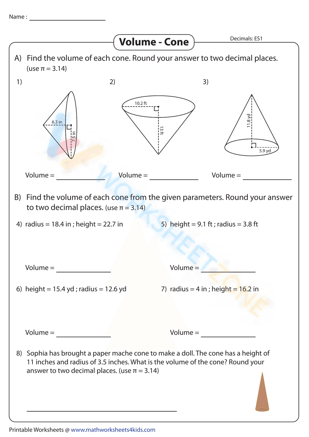 Volume of Cones | Decimals - Easy - Page 1