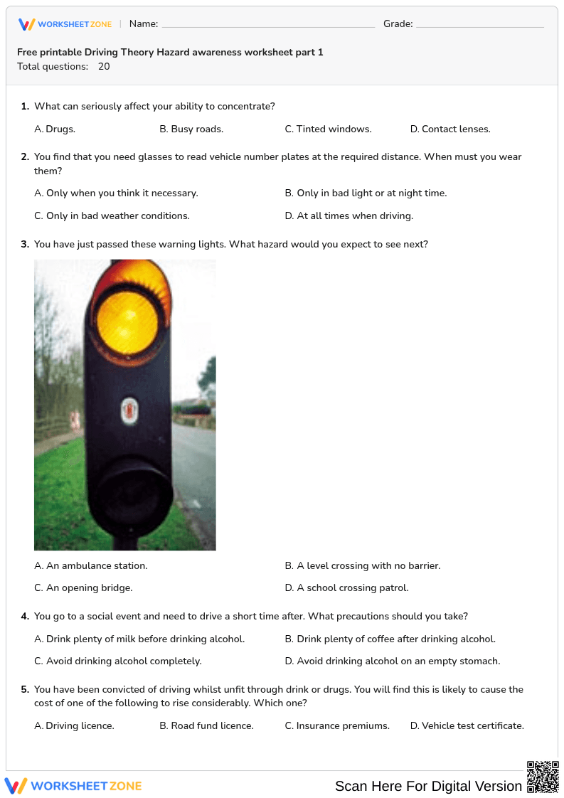 Free printable Driving Theory Hazard awareness worksheet part 1