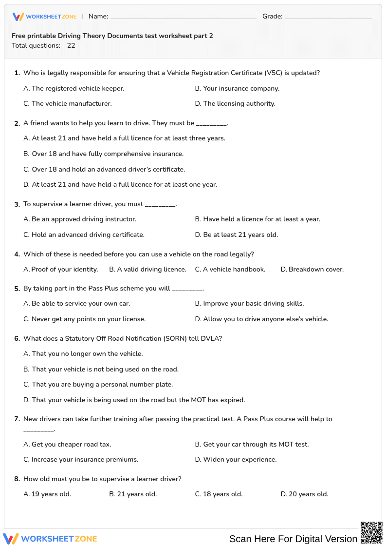 Free printable Driving Theory Documents test worksheet part 2 - Page 1
