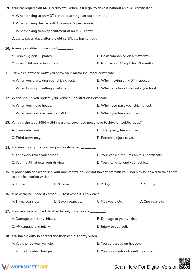 Free printable Driving Theory Documents test worksheet part 2 - Page 2