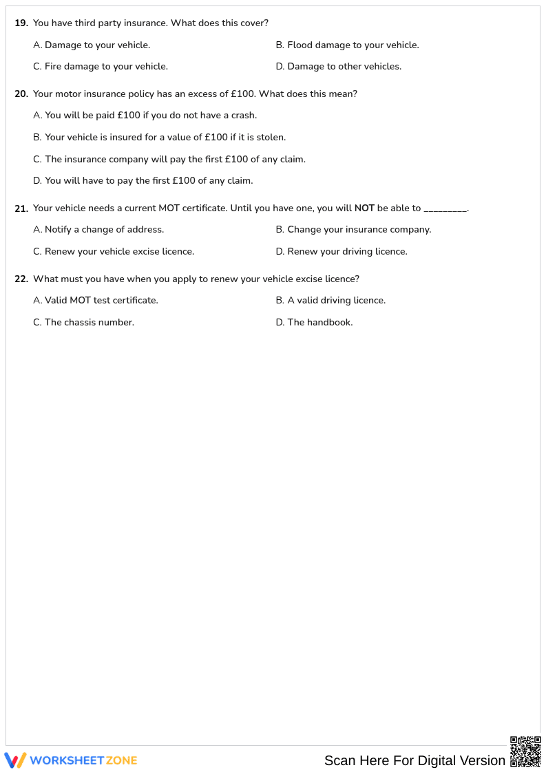 Free printable Driving Theory Documents test worksheet part 2 - Page 3