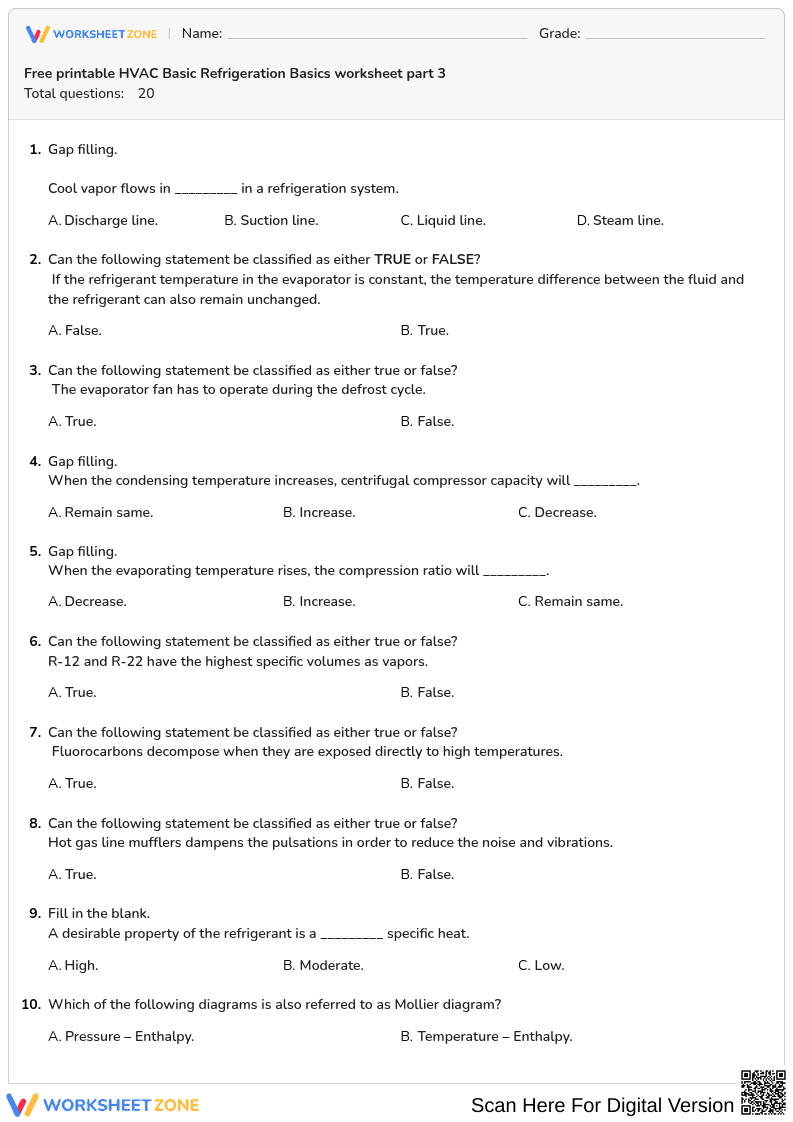 Free printable HVAC Basic Refrigeration Basics worksheet part 3