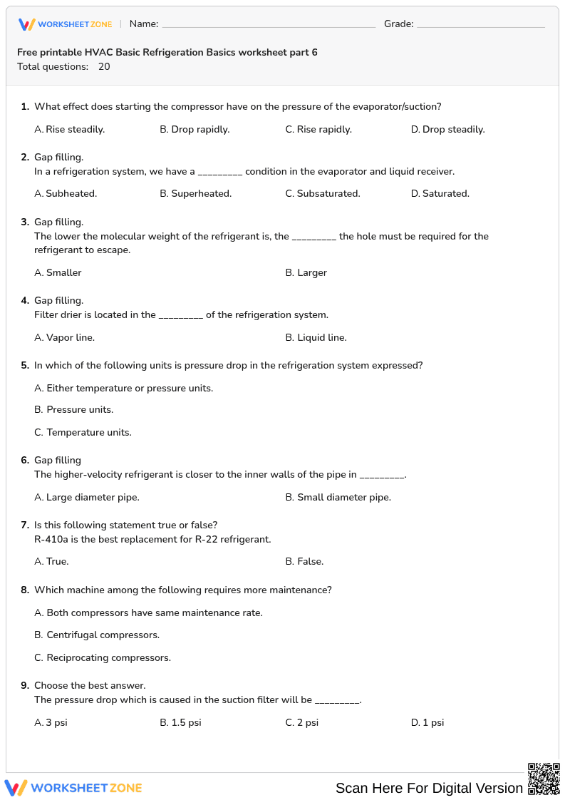 Free printable HVAC Basic Refrigeration Basics worksheet part 6