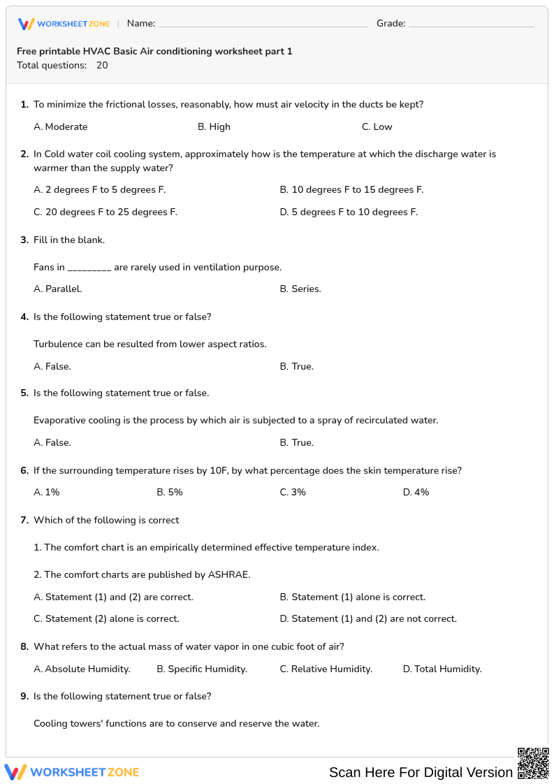 Free printable HVAC Basic Air conditioning worksheet part 1