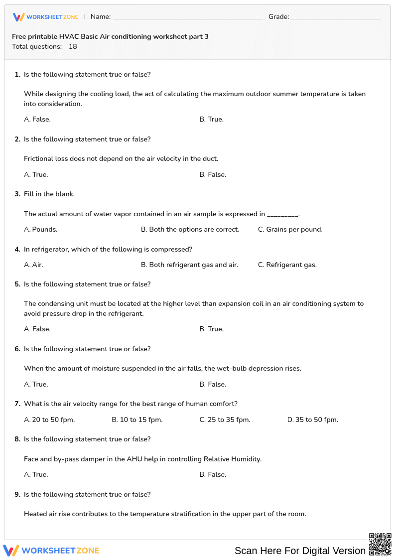 Free printable HVAC Basic Air conditioning worksheet part 3