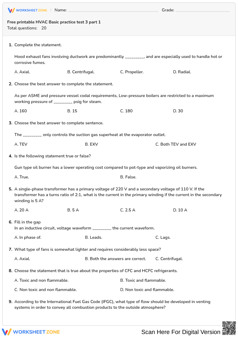 Free printable HVAC Basic practice test 3 part 1