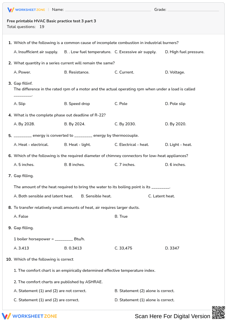 Free printable HVAC Basic practice test 3 part 3