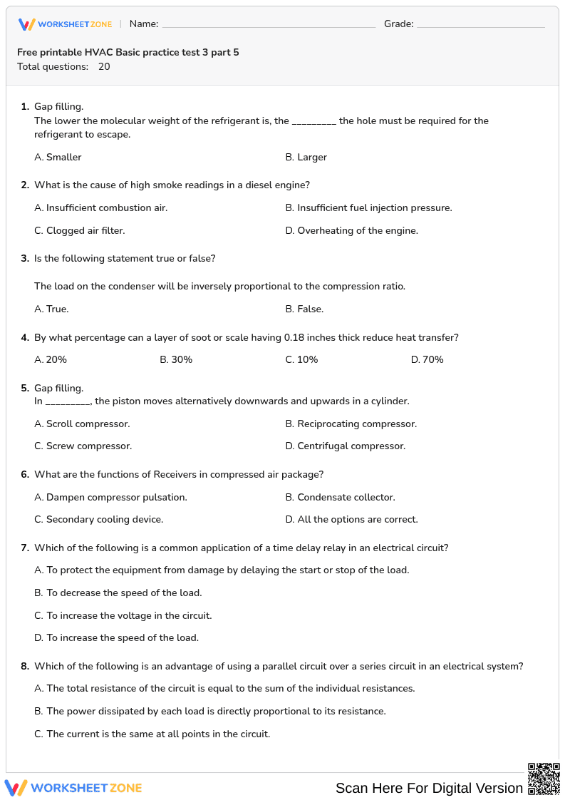 Free printable HVAC Basic practice test 3 part 5