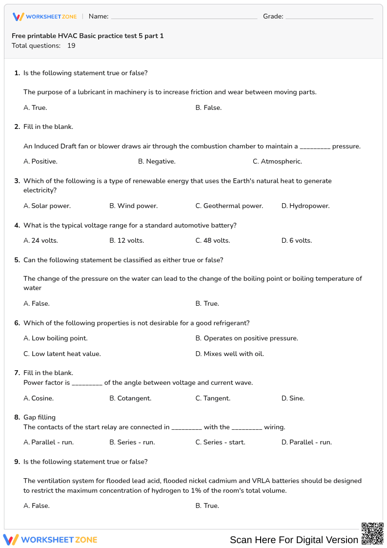 Free printable HVAC Basic practice test 5 part 1