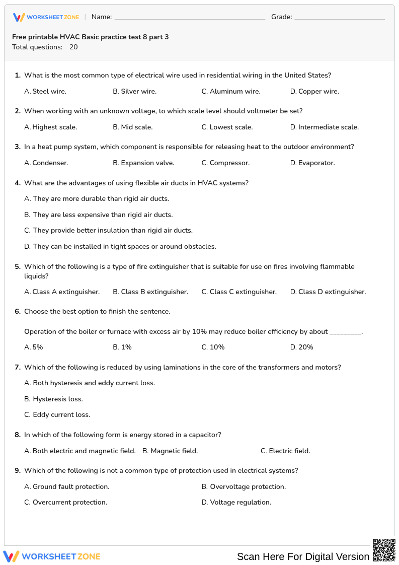 Free printable HVAC Basic practice test 8 part 3