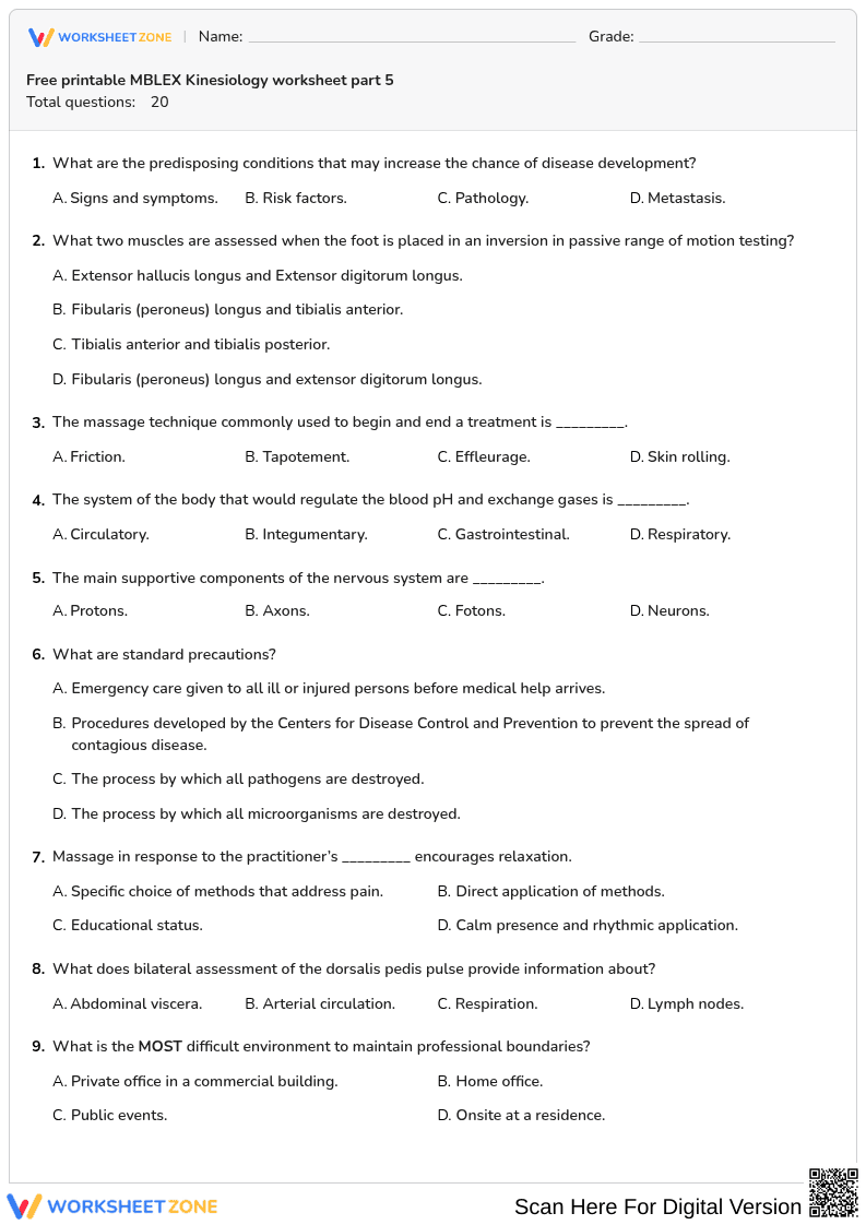 Free printable MBLEX Kinesiology worksheet part 5
