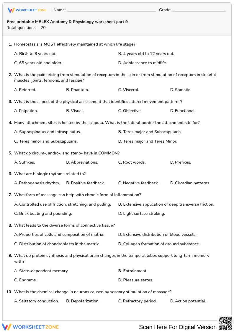 Free printable MBLEX Anatomy & Physiology worksheet part 9