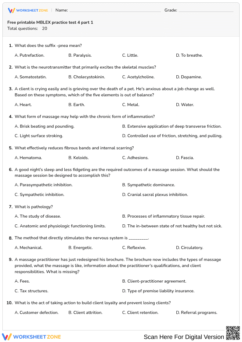 Free printable MBLEX practice test 4 part 1