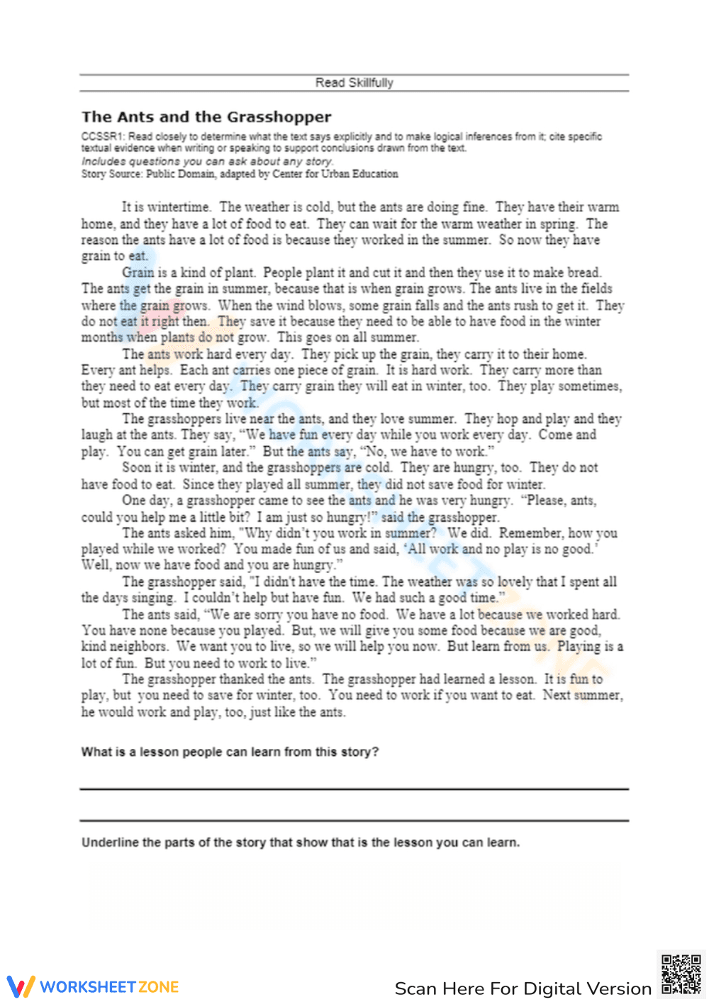 The Ants and the Grasshopper: Reading Worksheet - Page 1