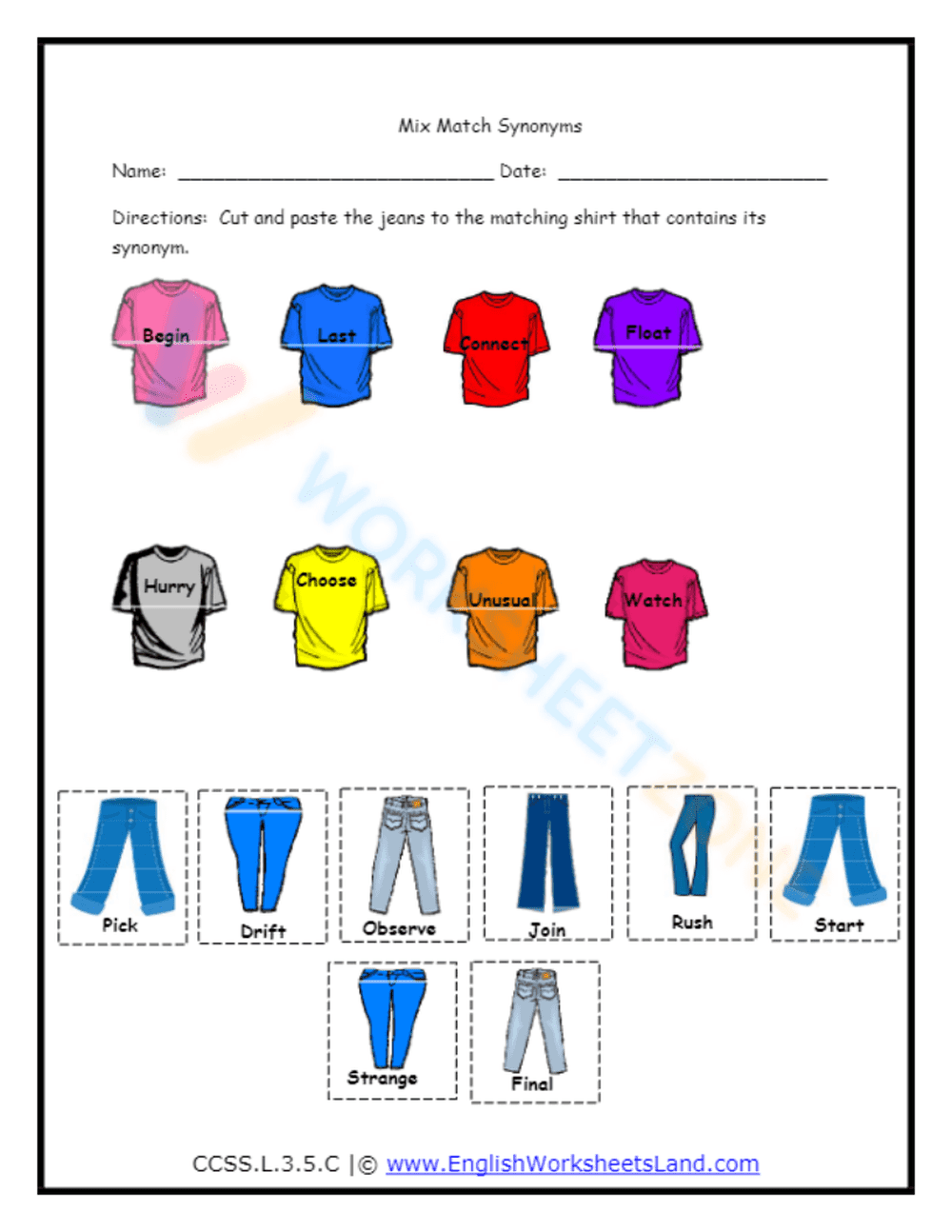 Synonym Matching Worksheet for Kids - Page 1