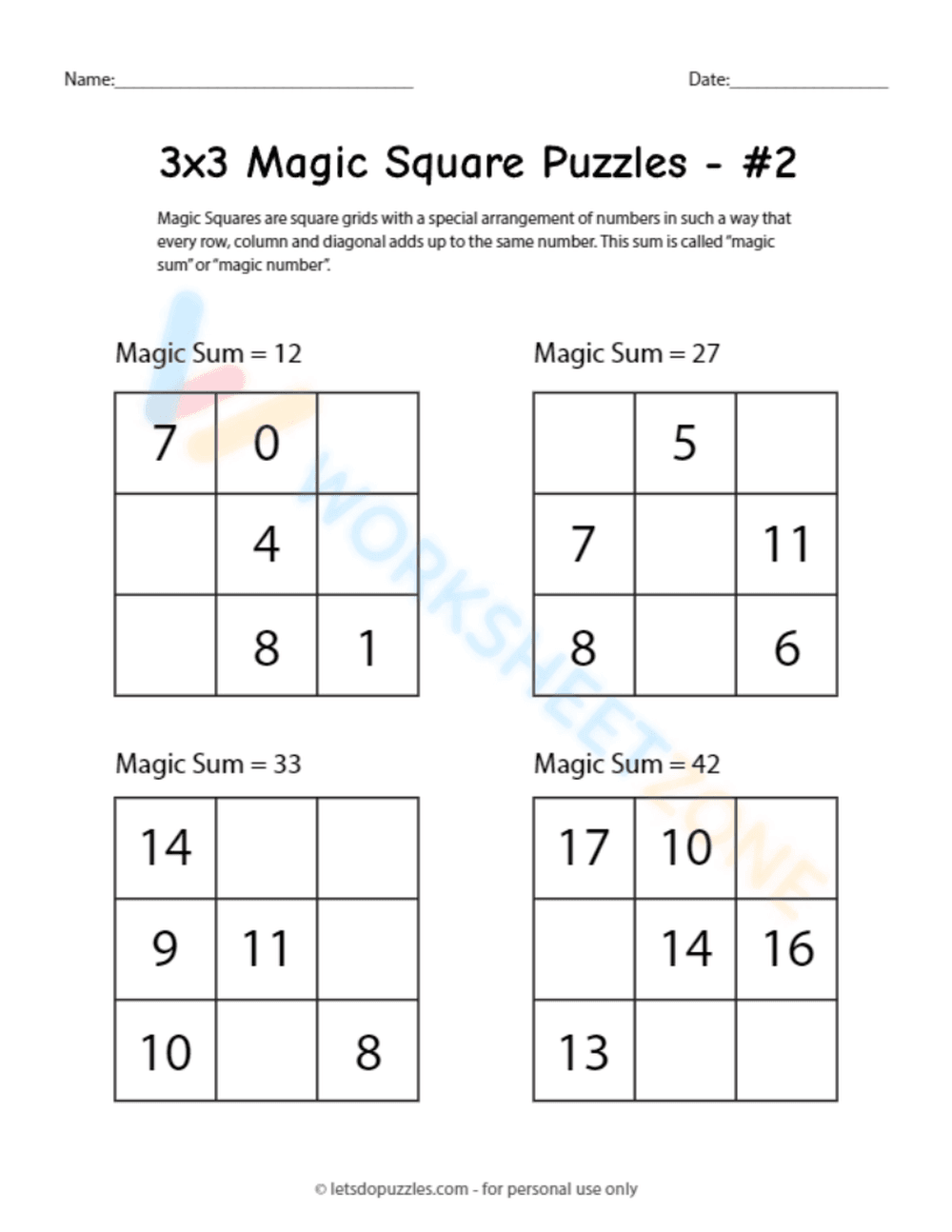 Improve Logic: Magic Square Worksheet 3x3 - Page 1