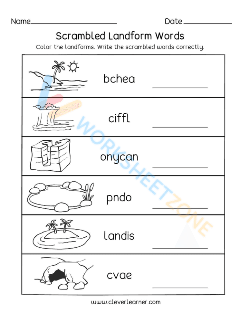 Landforms Worksheet: Geographical Features - Page 1