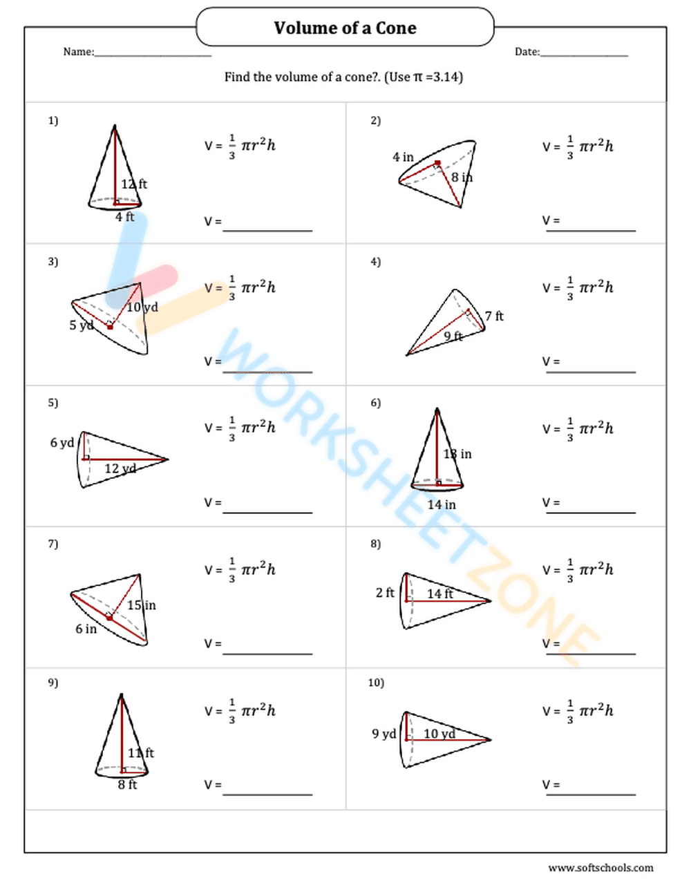 Calculate Volume of Cones - Page 1