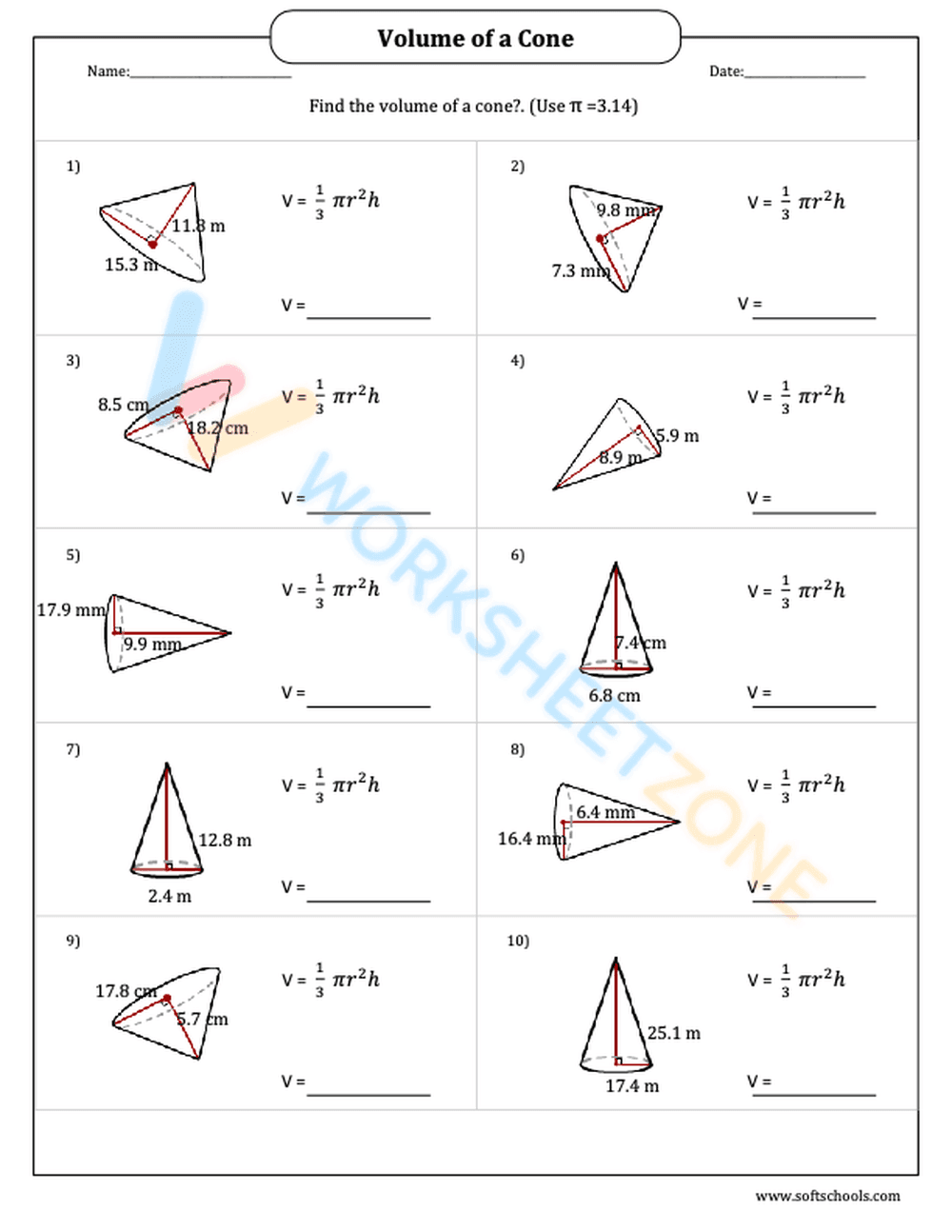 Volume of Cones: Solve Volumes - Page 1