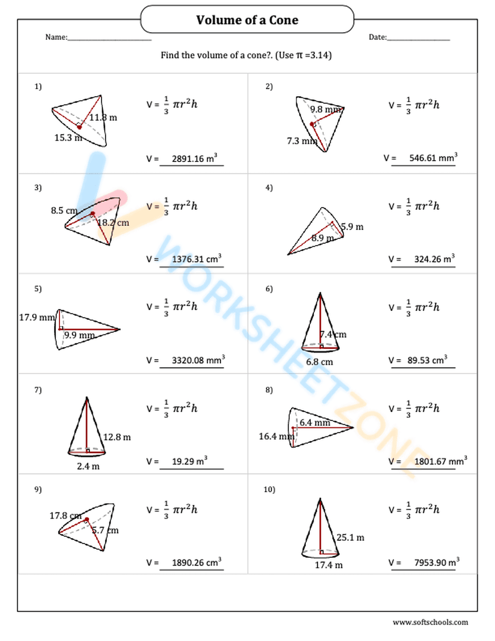 Volume of Cones: Solve Volumes - Page 2