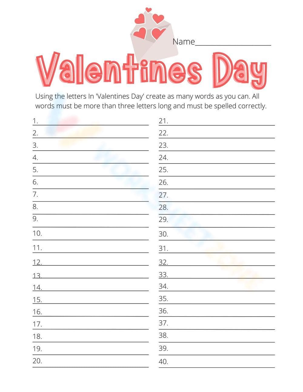 Valentine Day Word List - Page 1