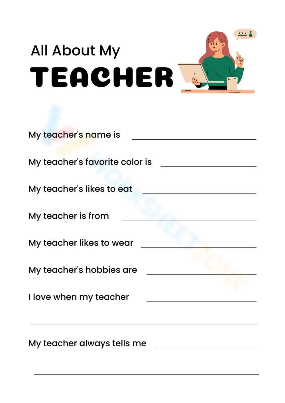 Printable All About My Teacher Worksheet - Page 1