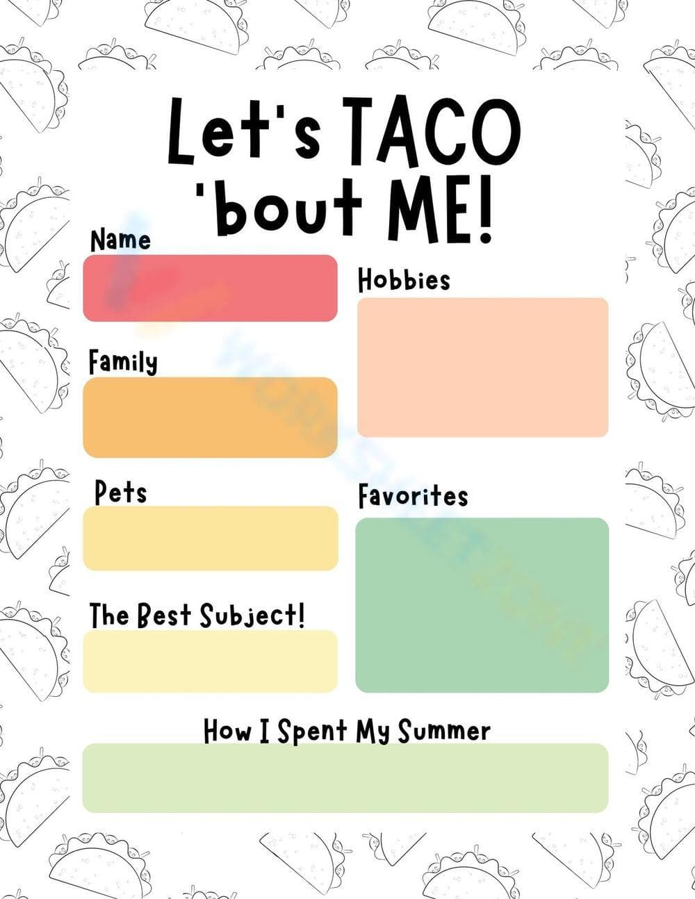 Colorful Fun Taco All About Me Worksheet - Page 1