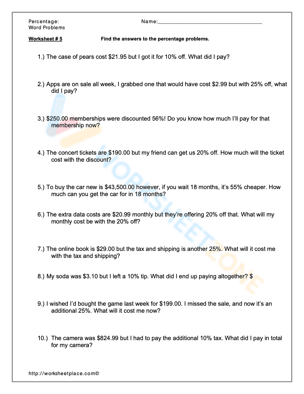 Percent Word Problems Worksheet - Page 1