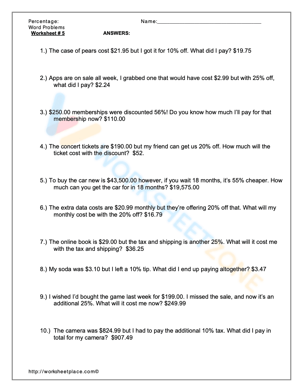 Percent Word Problems Worksheet - Page 2