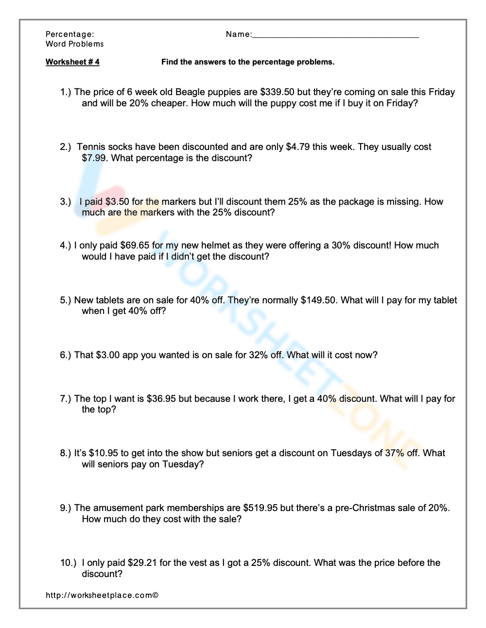Solving Percent Word Problems - Page 1