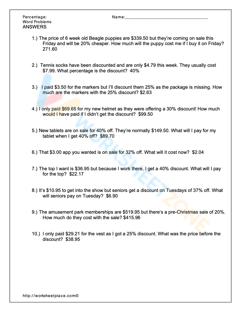 Solving Percent Word Problems - Page 2