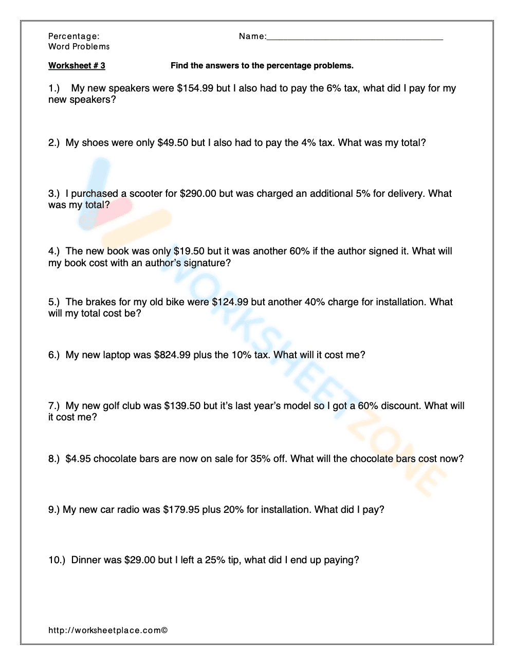 Practice Percent Word Problems - Page 1