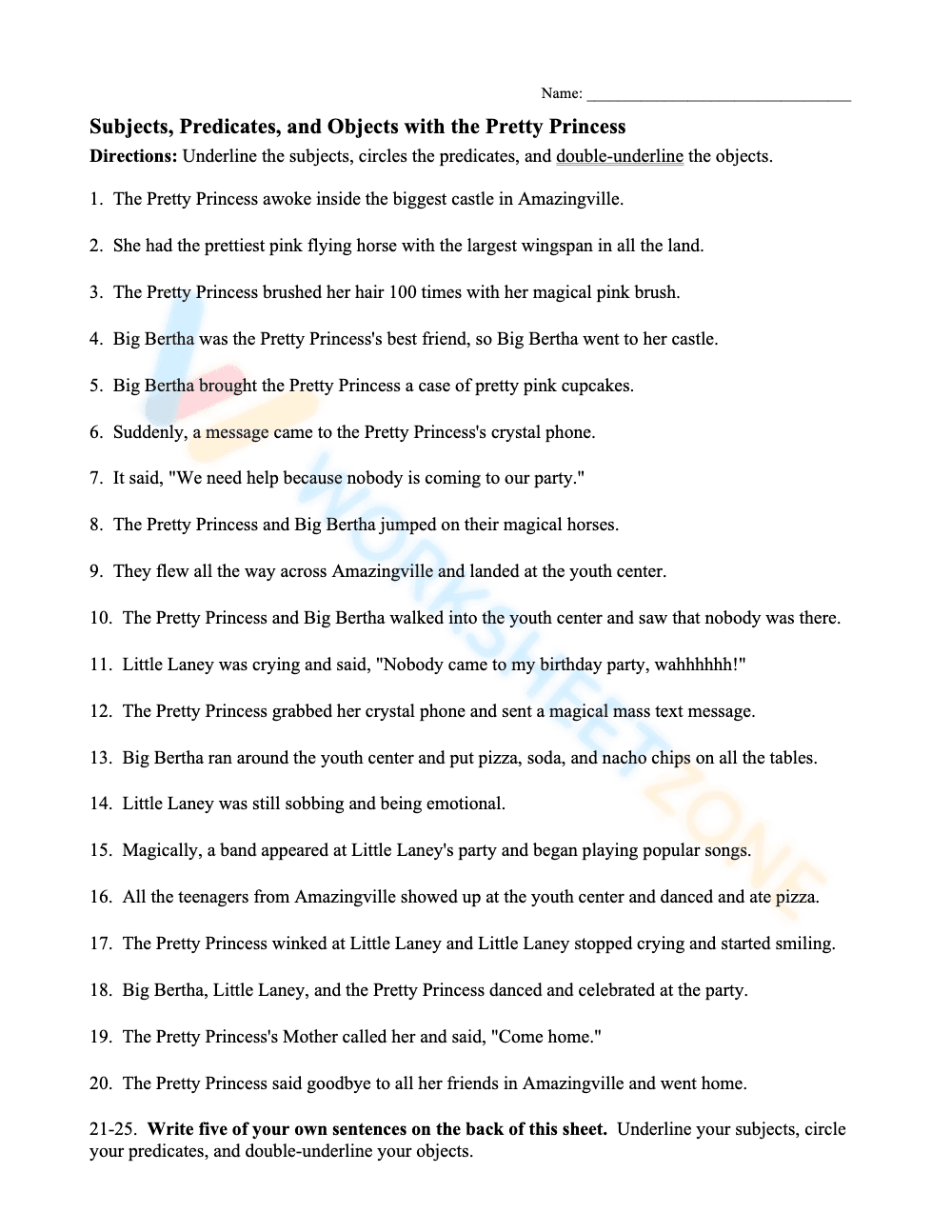 Subjects, Predicates, & Objects Worksheet - Page 1