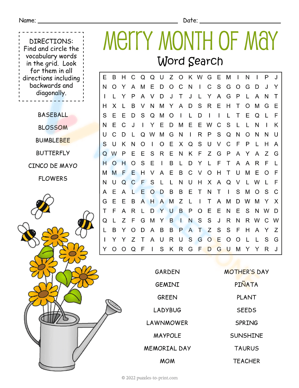 May Word Search Printable Worksheet - Page 1