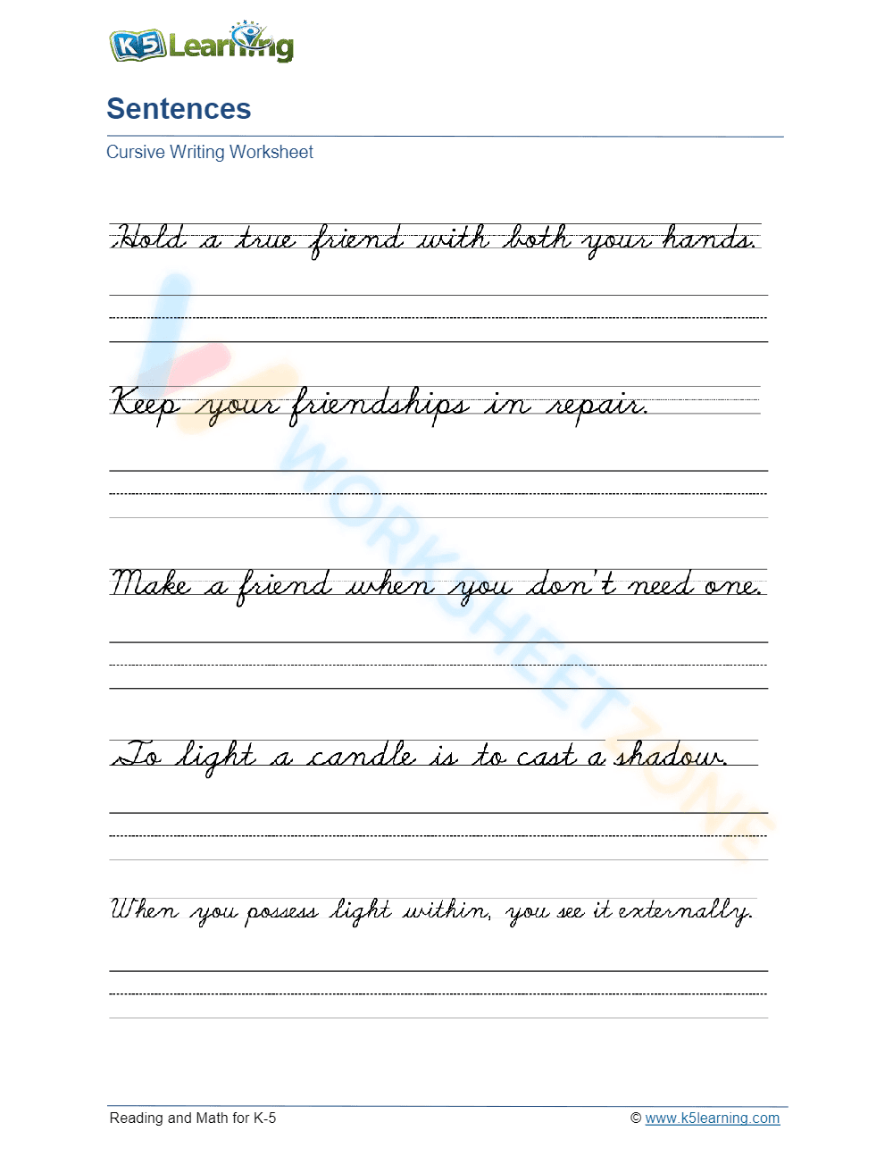 Sentence Handwriting Practice Worksheet: Friendship - Page 1
