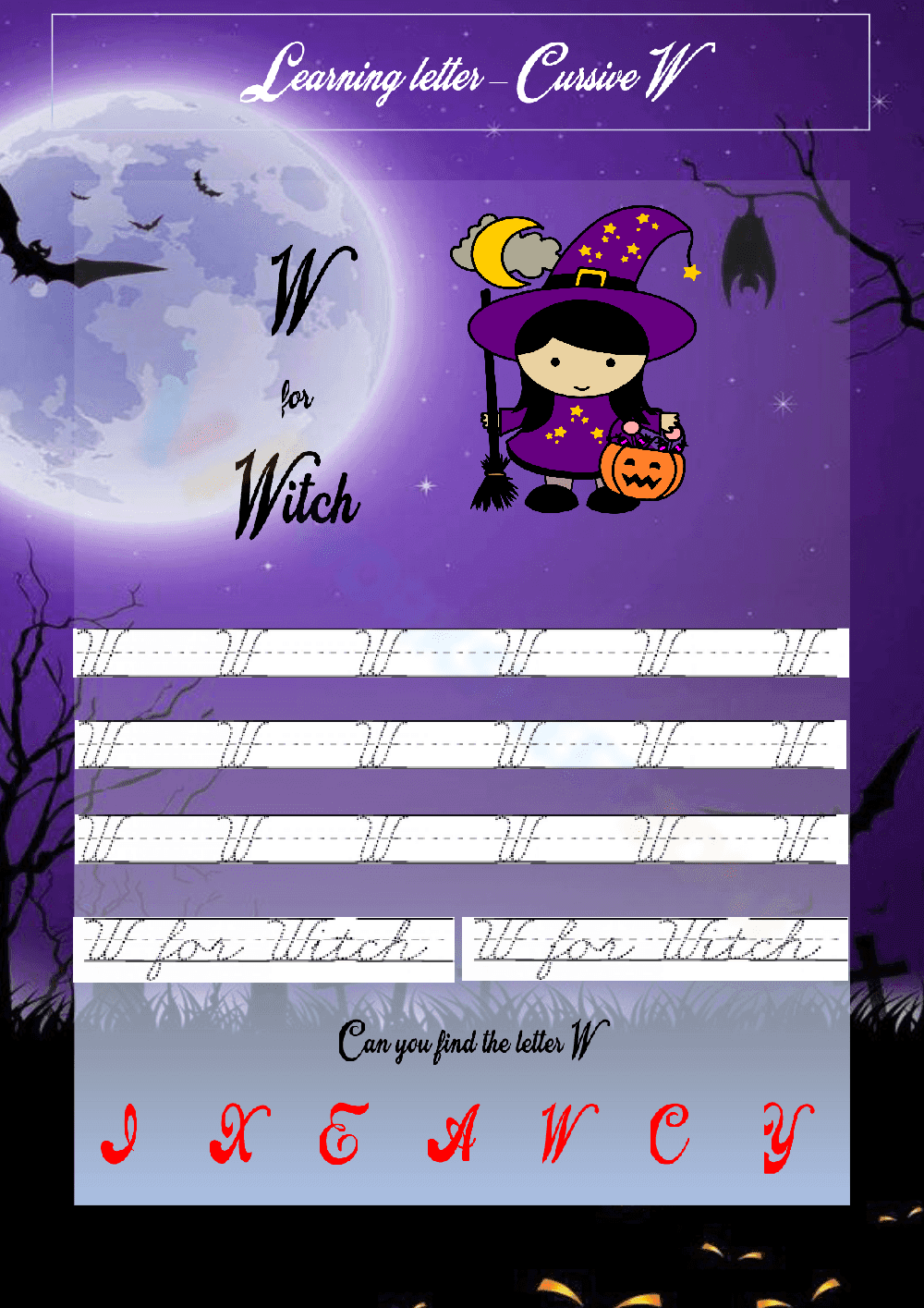 Cursive Letter W Tracing: Witch - Page 1