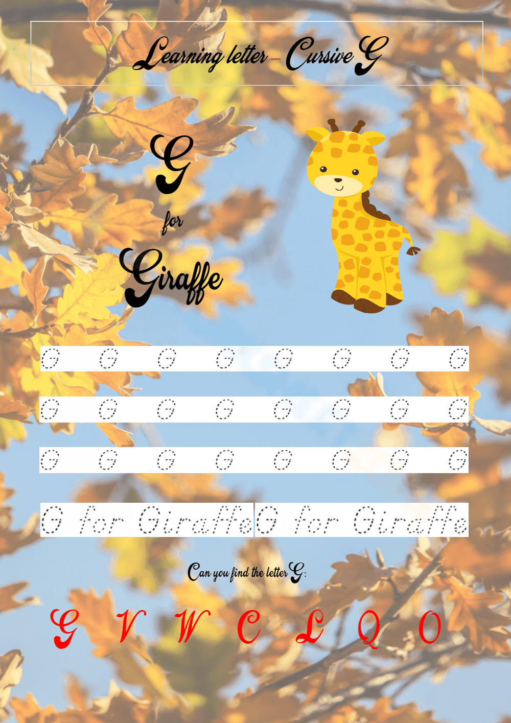 Cursive Writing Worksheet for Letter G - Page 1