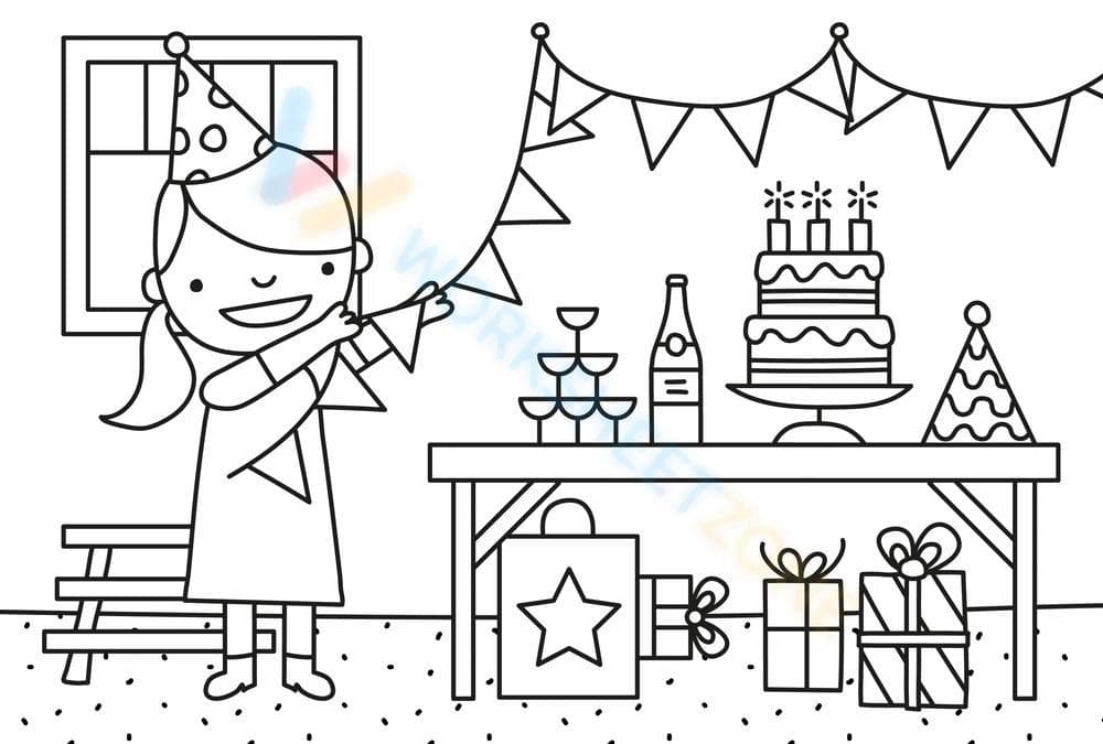 Little Girl's Birthday Party Coloring Page - Page 1