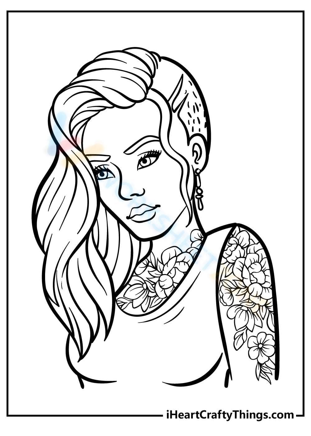 Modern Woman Coloring Page with Floral Tattoo Design - Page 1
