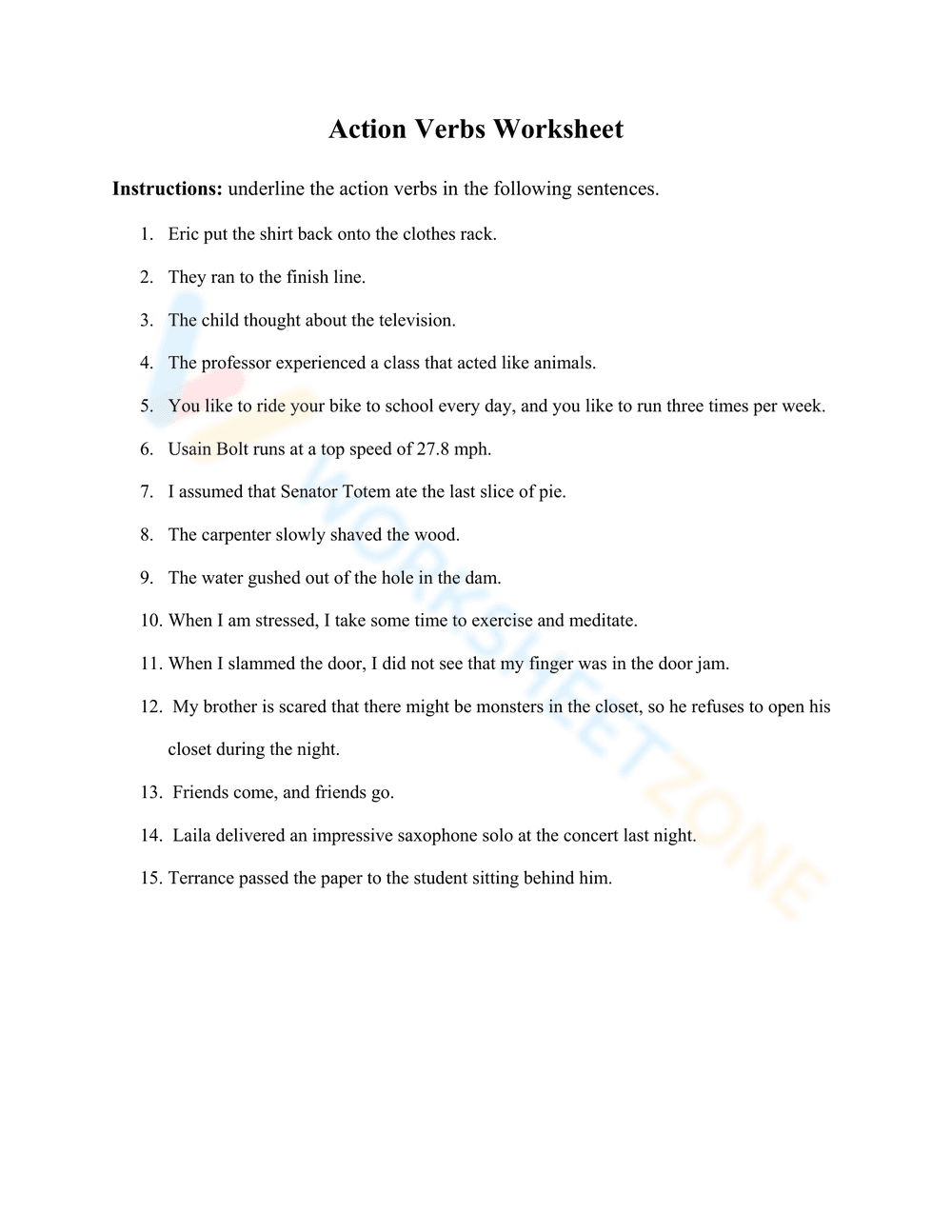 Action Verbs Worksheet Activity - Page 1