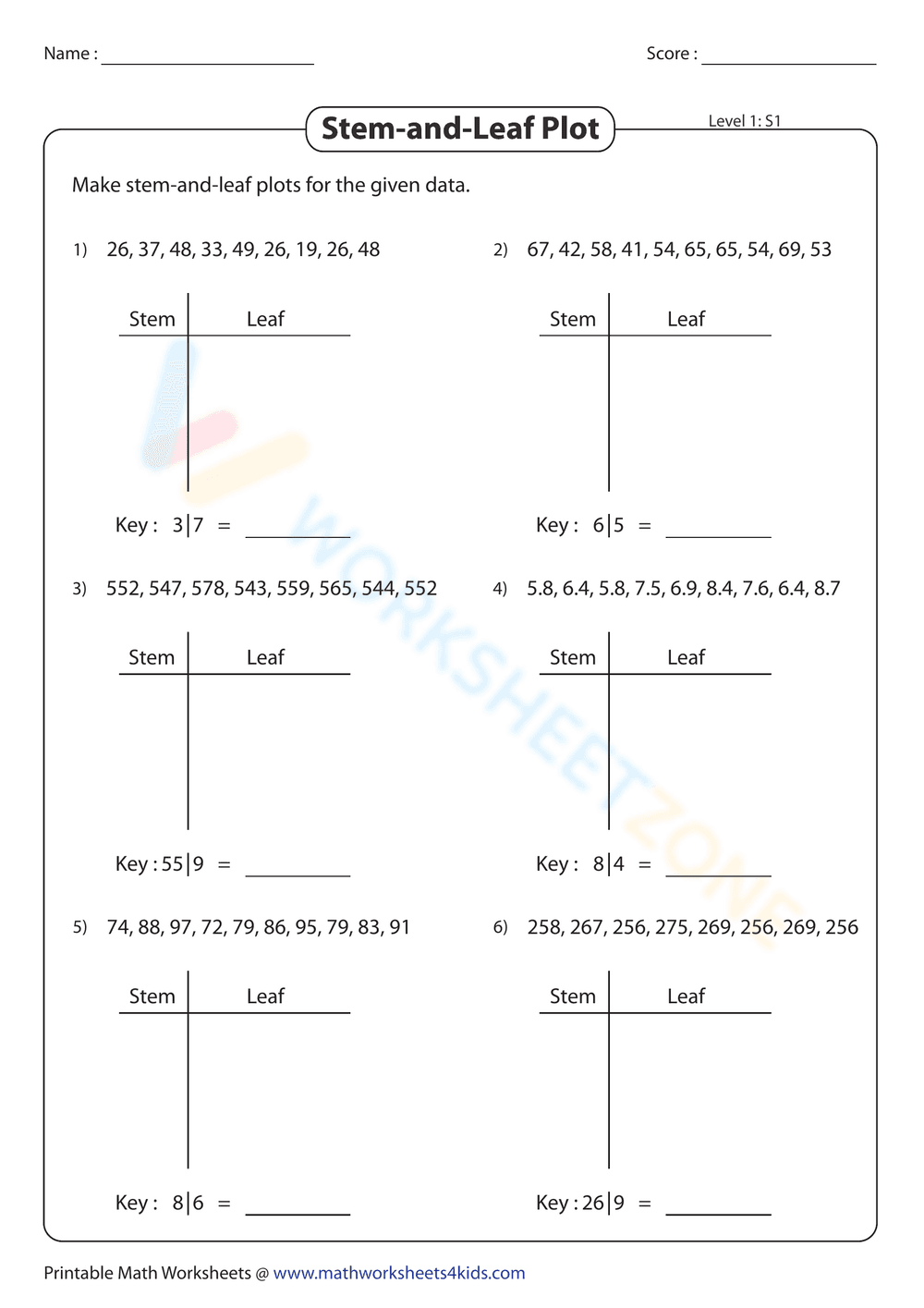 Introduction to Stem and Leaf Plot Worksheet - Page 1