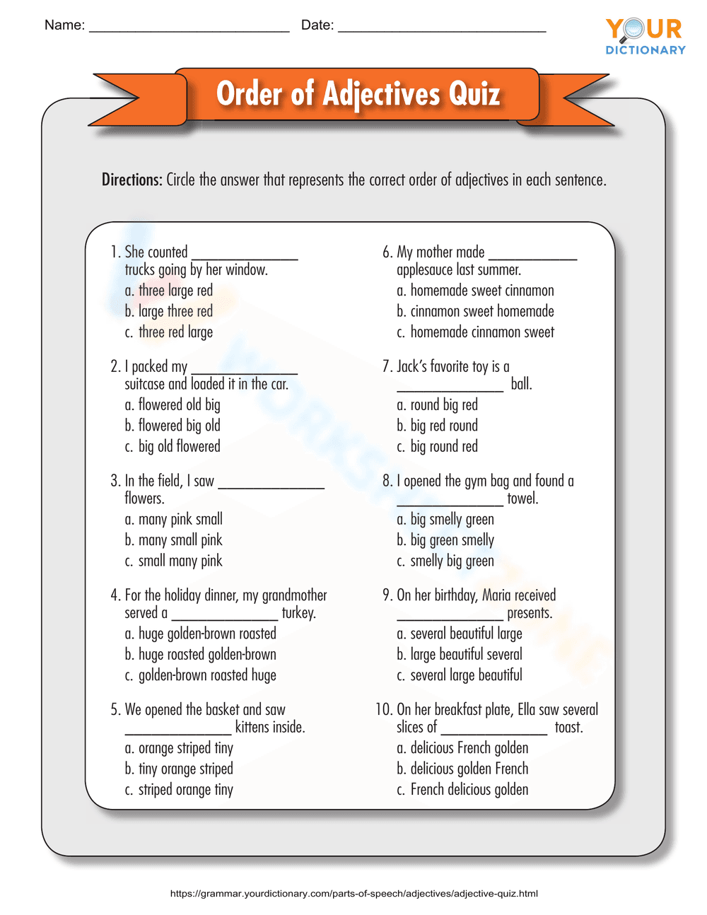 Order of Adjectives Quiz - Page 1