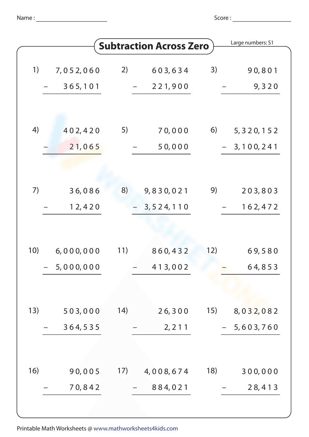 Subtraction Across Zero - Page 1