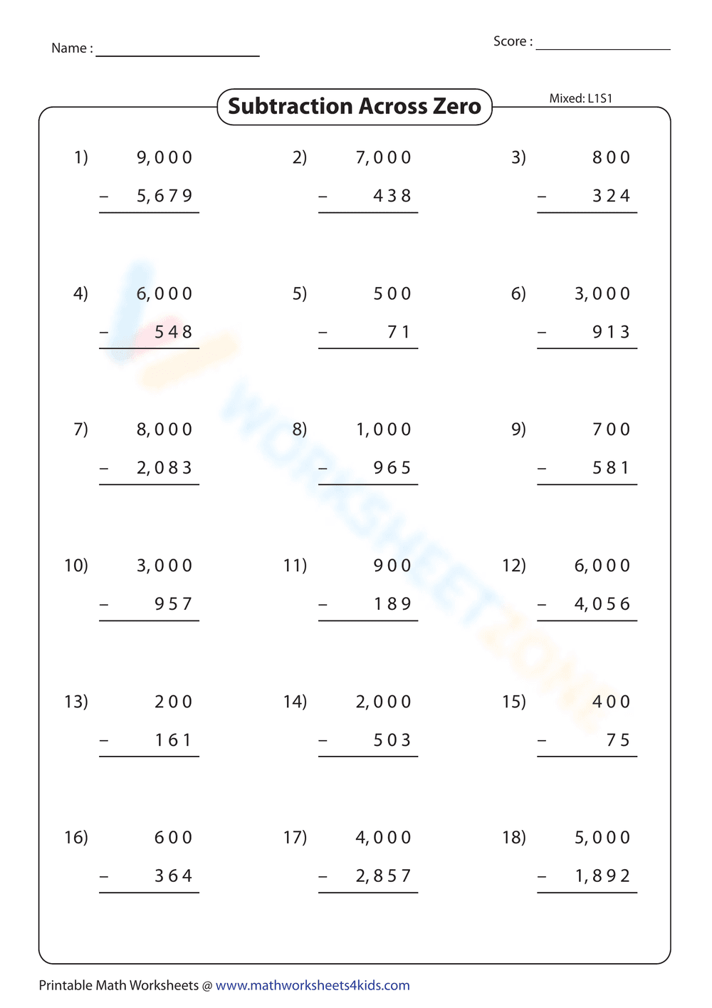 Subtraction Across Zero - Page 1
