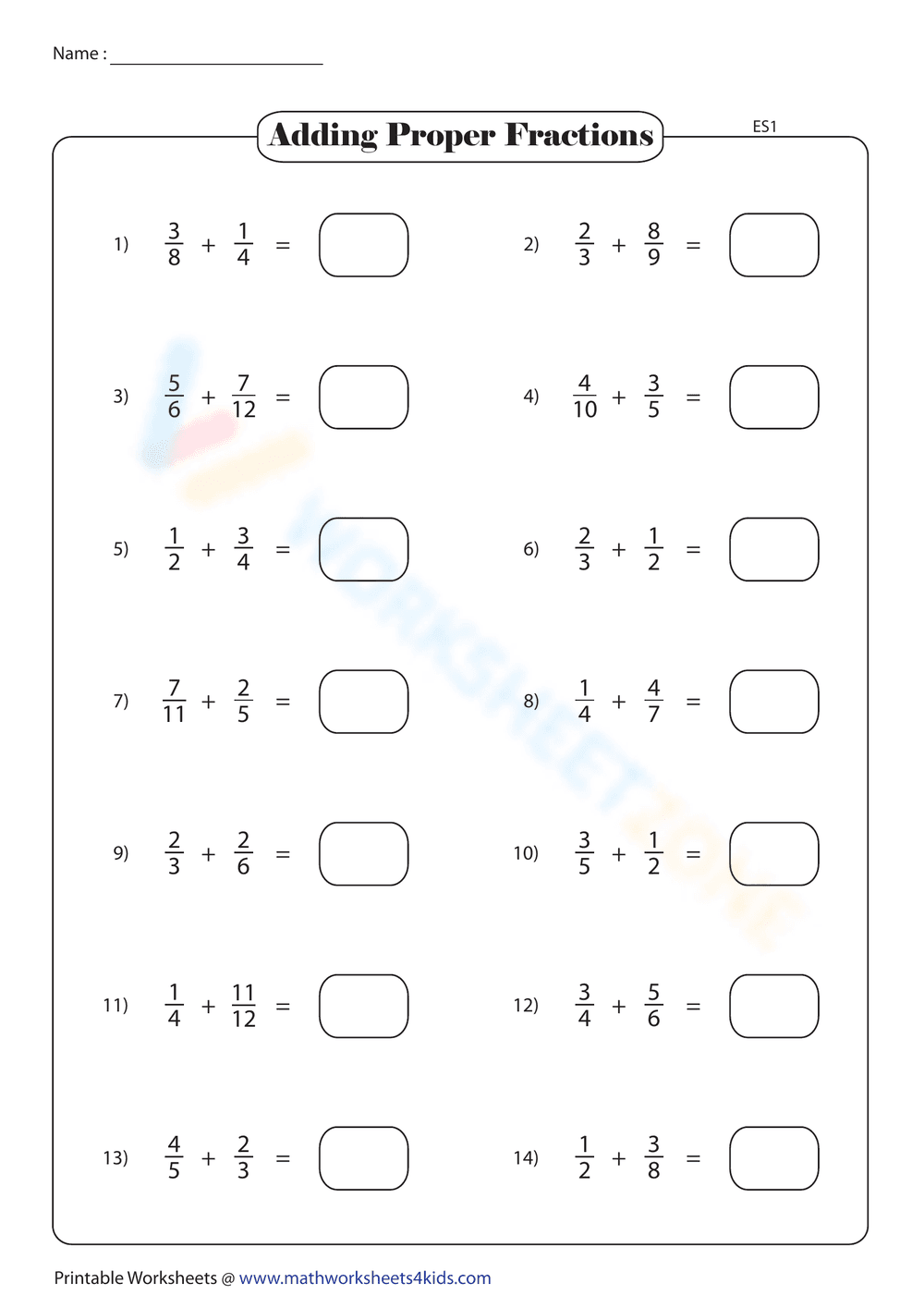 Adding Proper Fractions Worksheet - Page 1