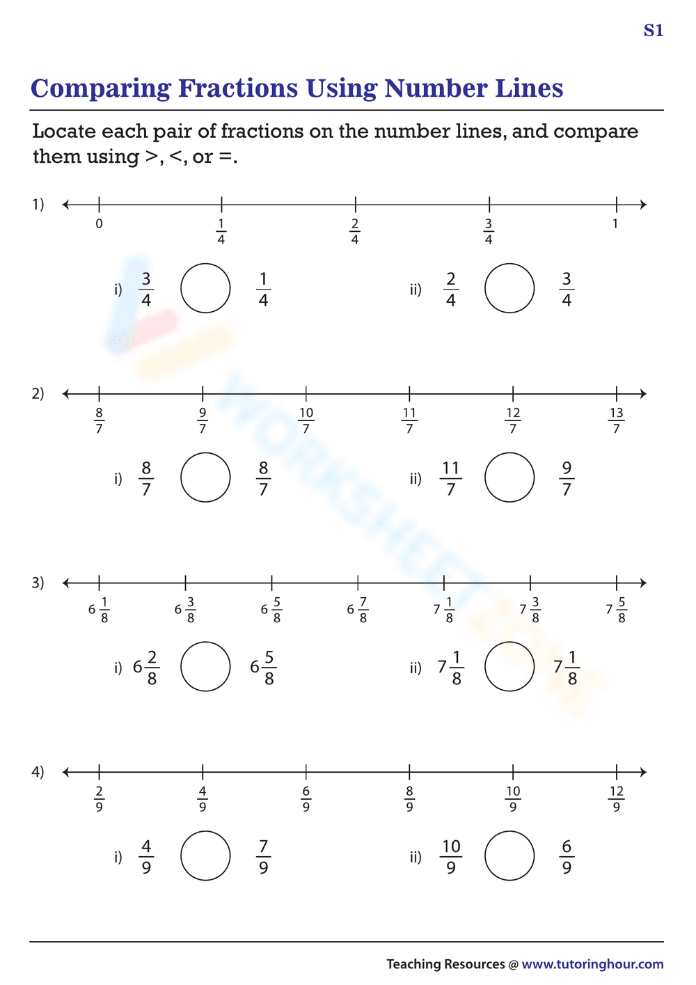 Comparing Fractions Using Number Lines - Page 1