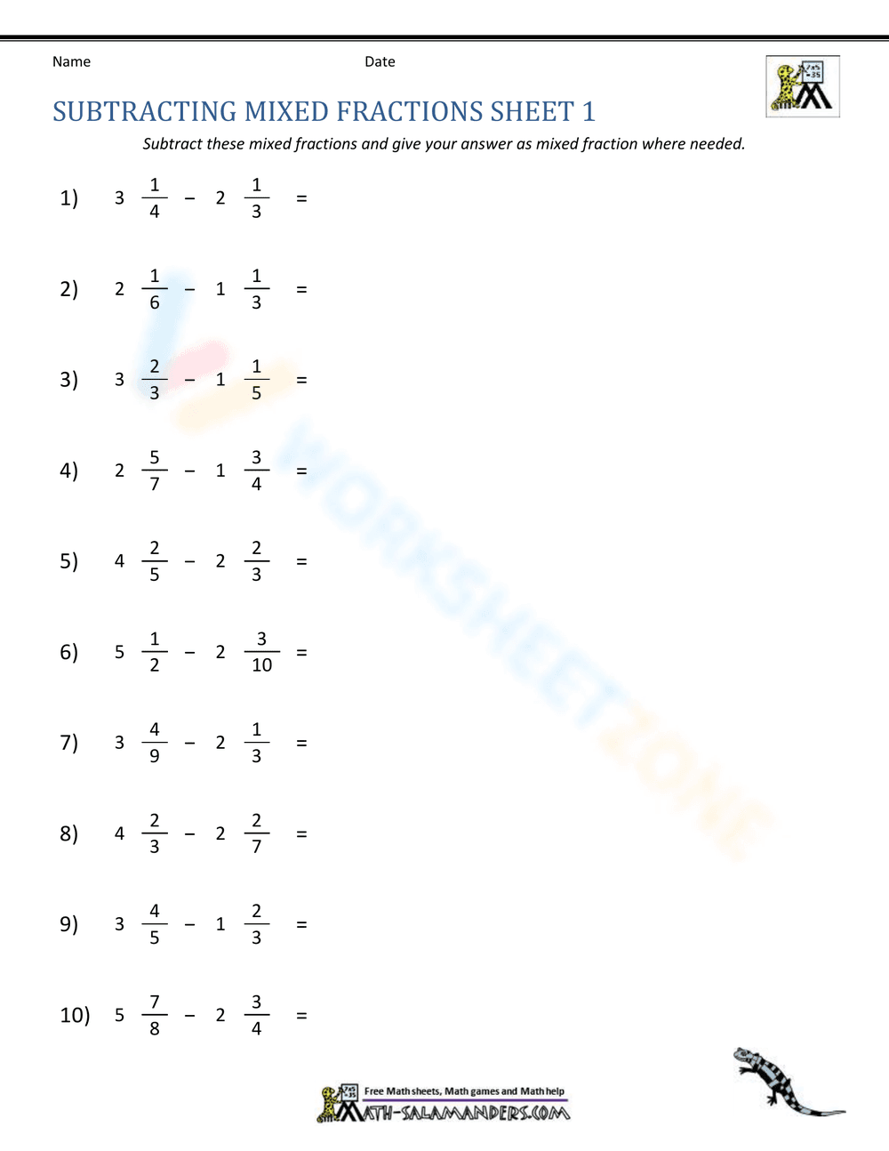 Subtracting Mixed Fractions Practice - Page 1