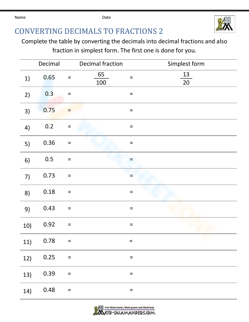 More Converting Decimals to Fractions - Page 1