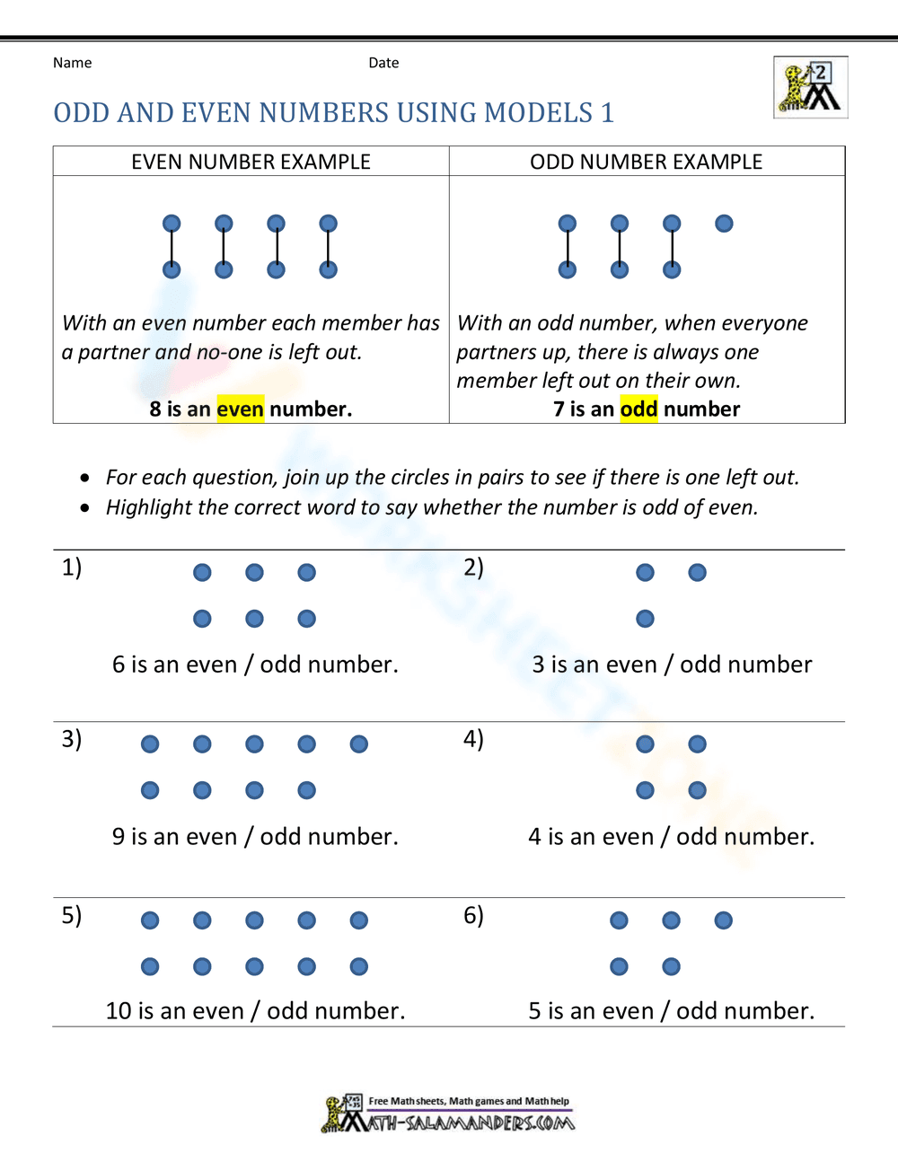 Identifying Odd and Even Numbers Using Models - Page 1