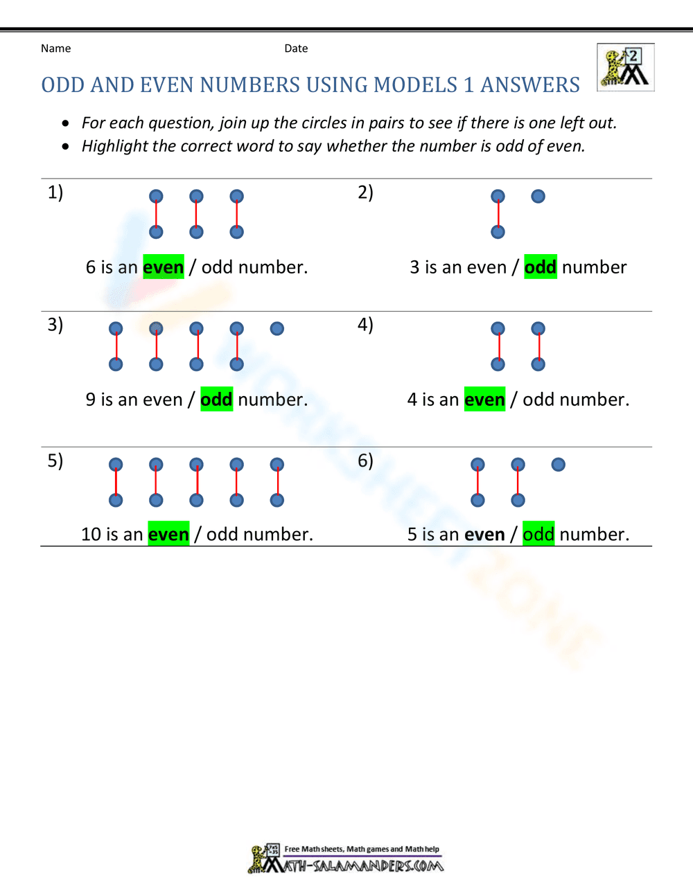 Identifying Odd and Even Numbers Using Models - Page 2